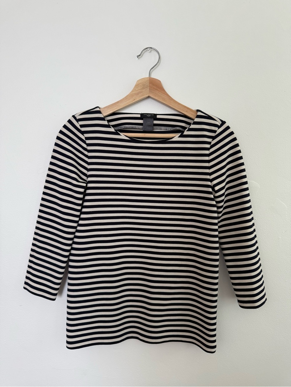 Striped Ann Taylor Petite Boatneck 3/4 Sleeve Top - Black & White